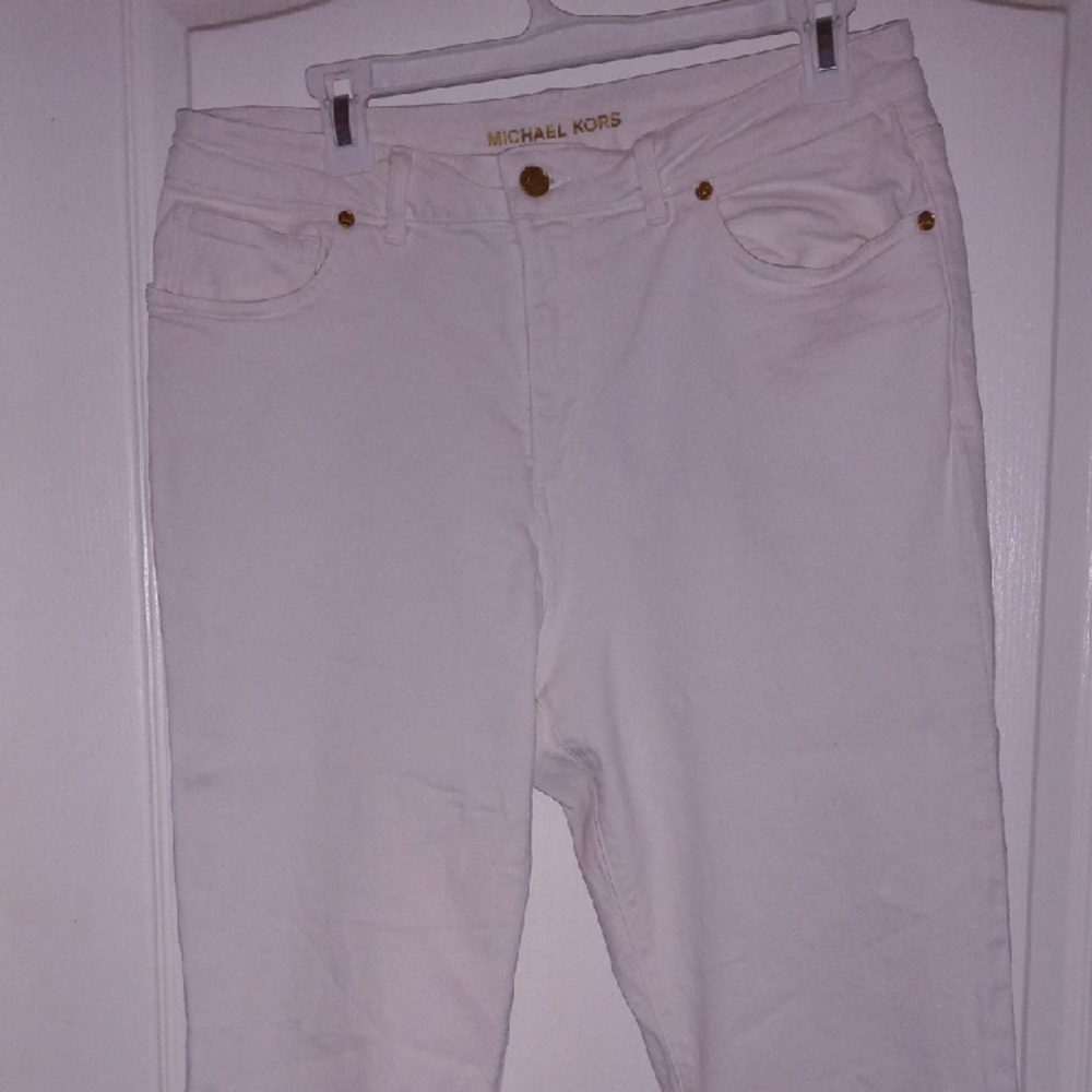 Michael Kors High Rise White Jeans with Gold Accents